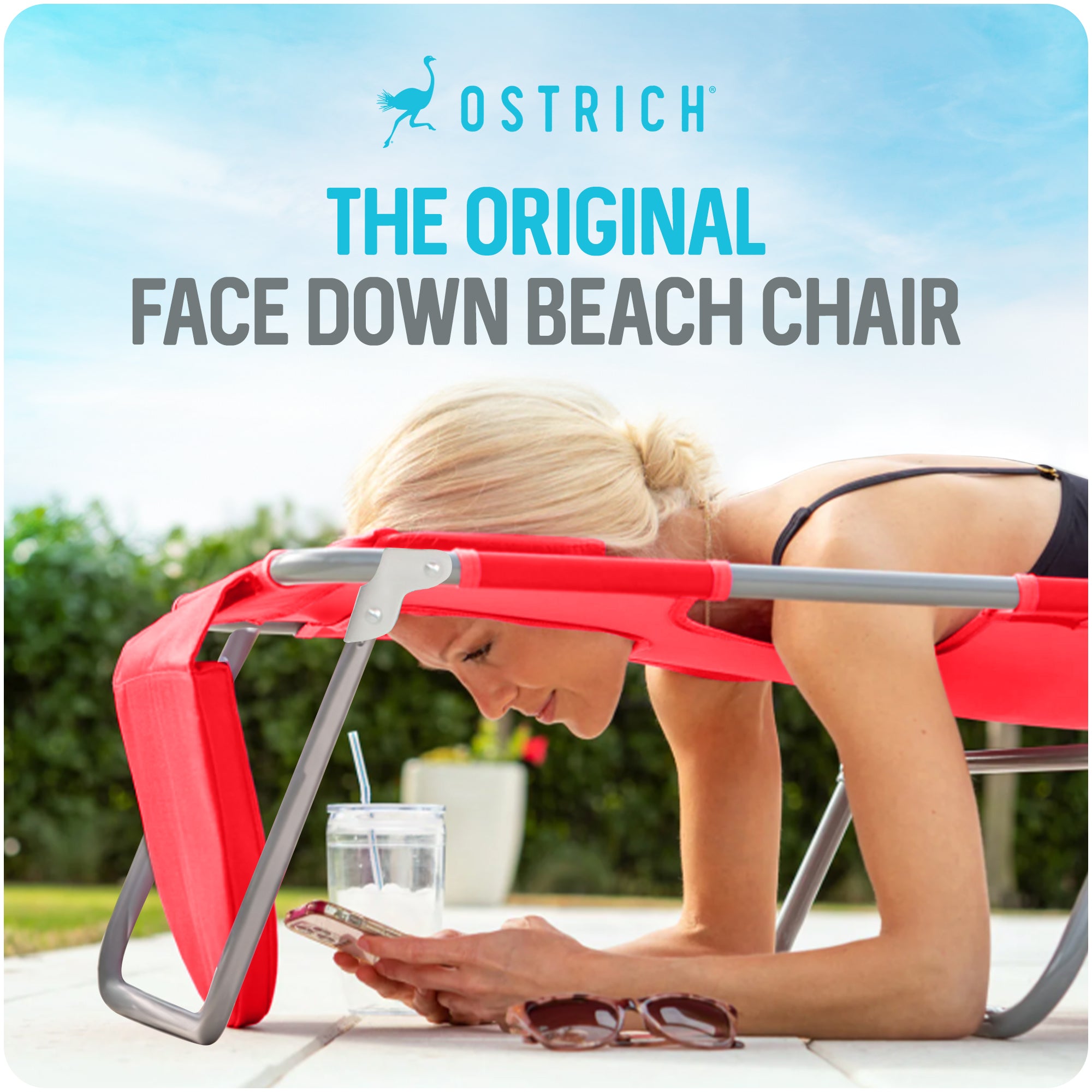Ostrich The Deluxe 3N1 Lightweight Outdoor Beach Lounge Chair w/ Footrest, Red - VMInnovations