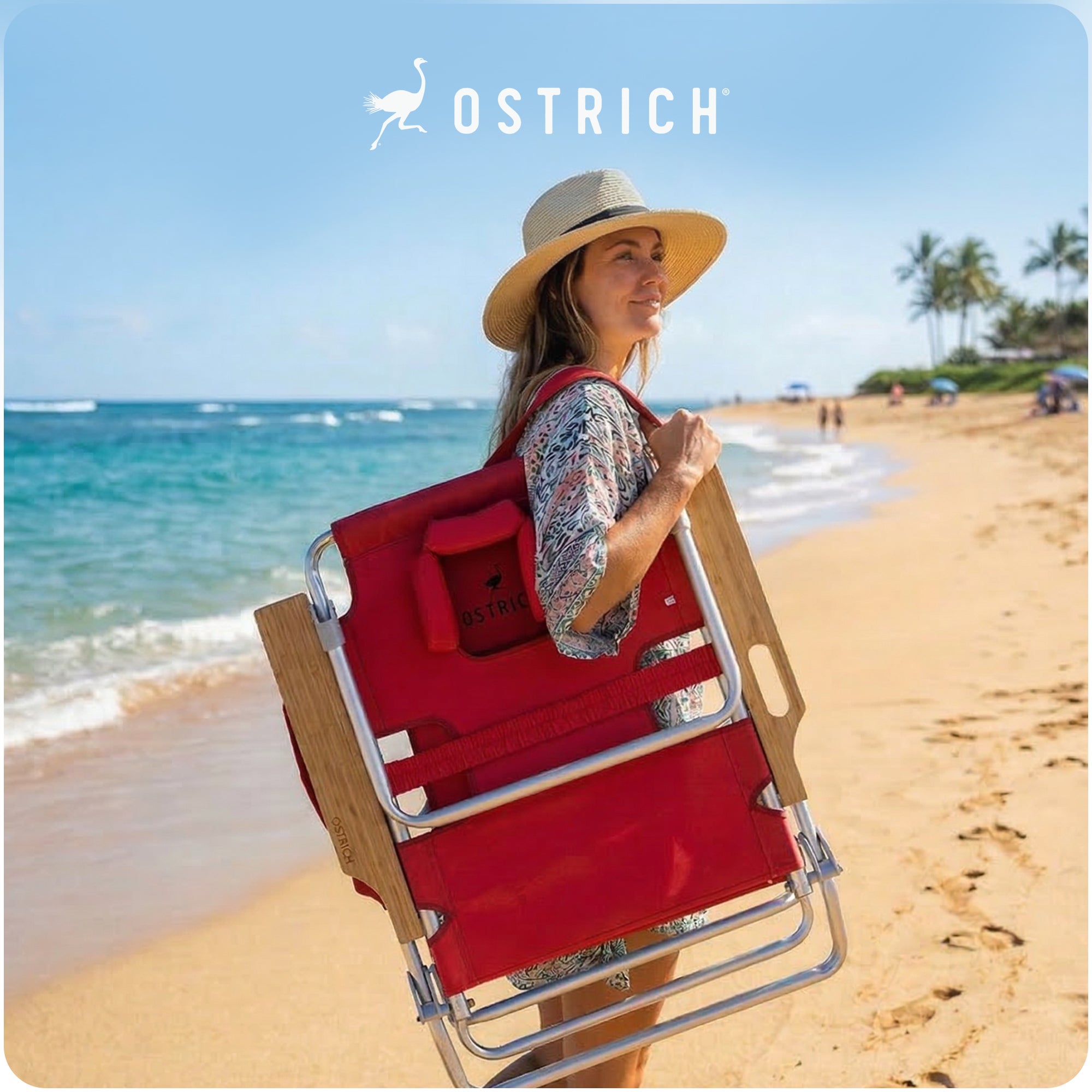Ostrich The Deluxe 3N1 Lightweight Outdoor Beach Lounge Chair w/ Footrest, Red - VMInnovations