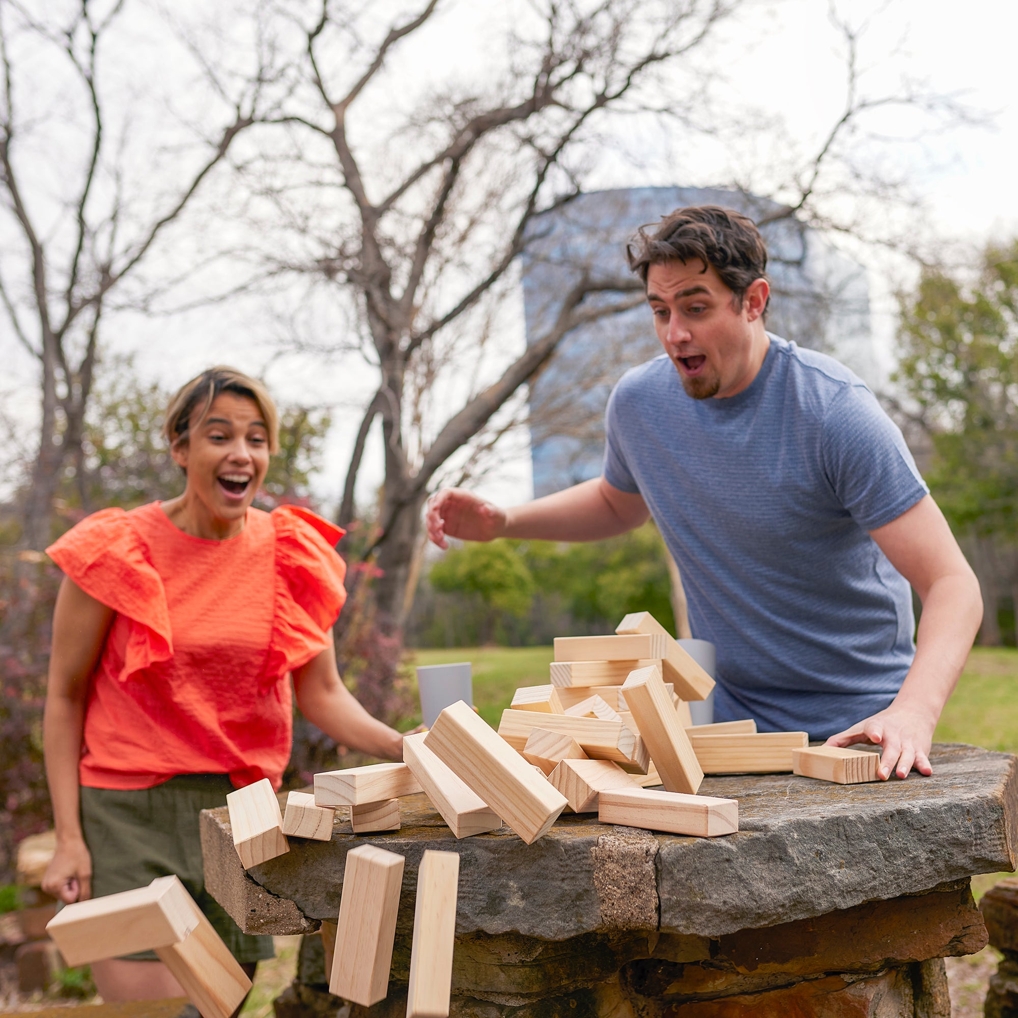 Yard Games Large Tumbling Timbers Stacking Game with 56 Pine Blocks (Damaged)