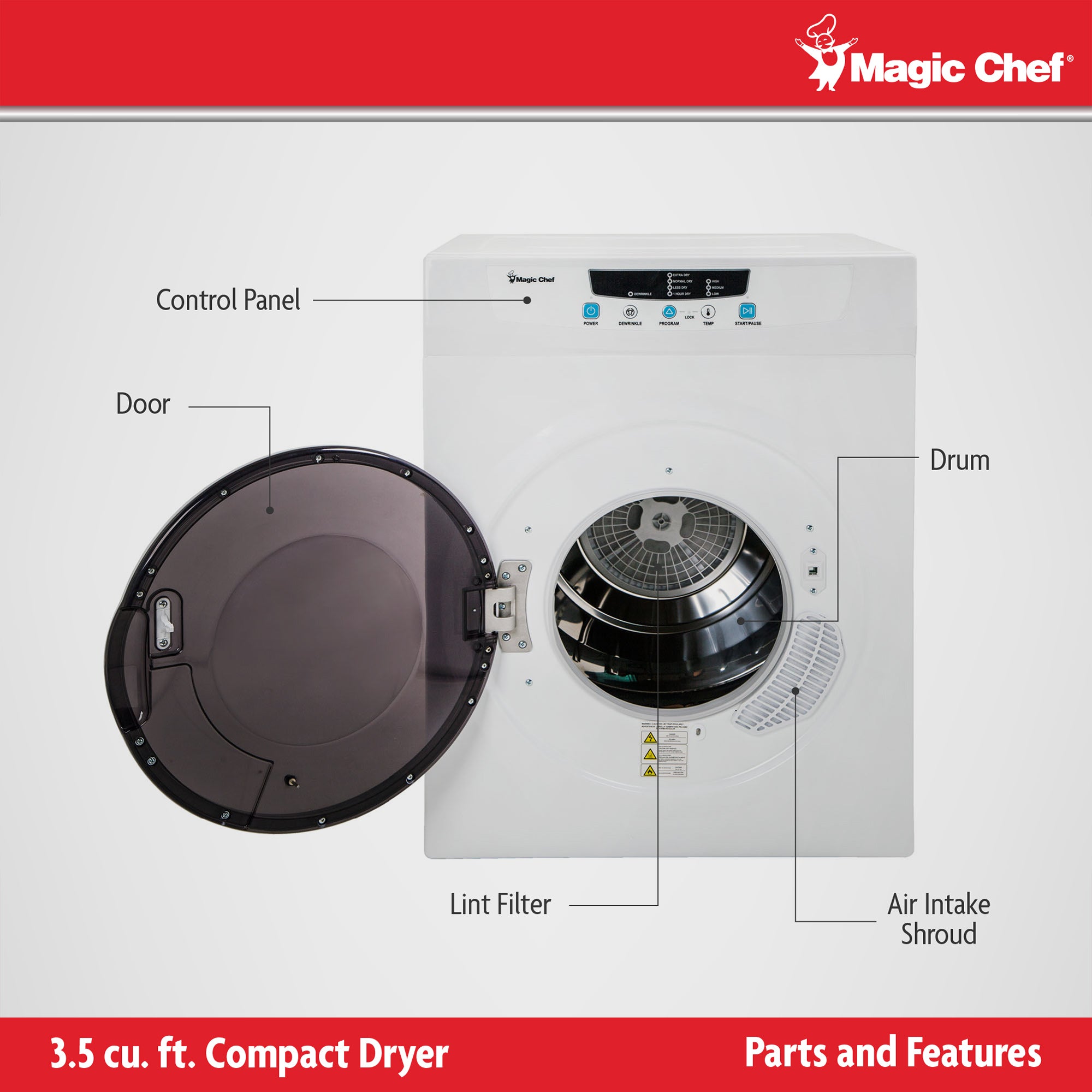 Magic Chef 3.5 Cubic Feet Compact Home Laundry Dryer Machine, White (For Parts) - VMInnovations