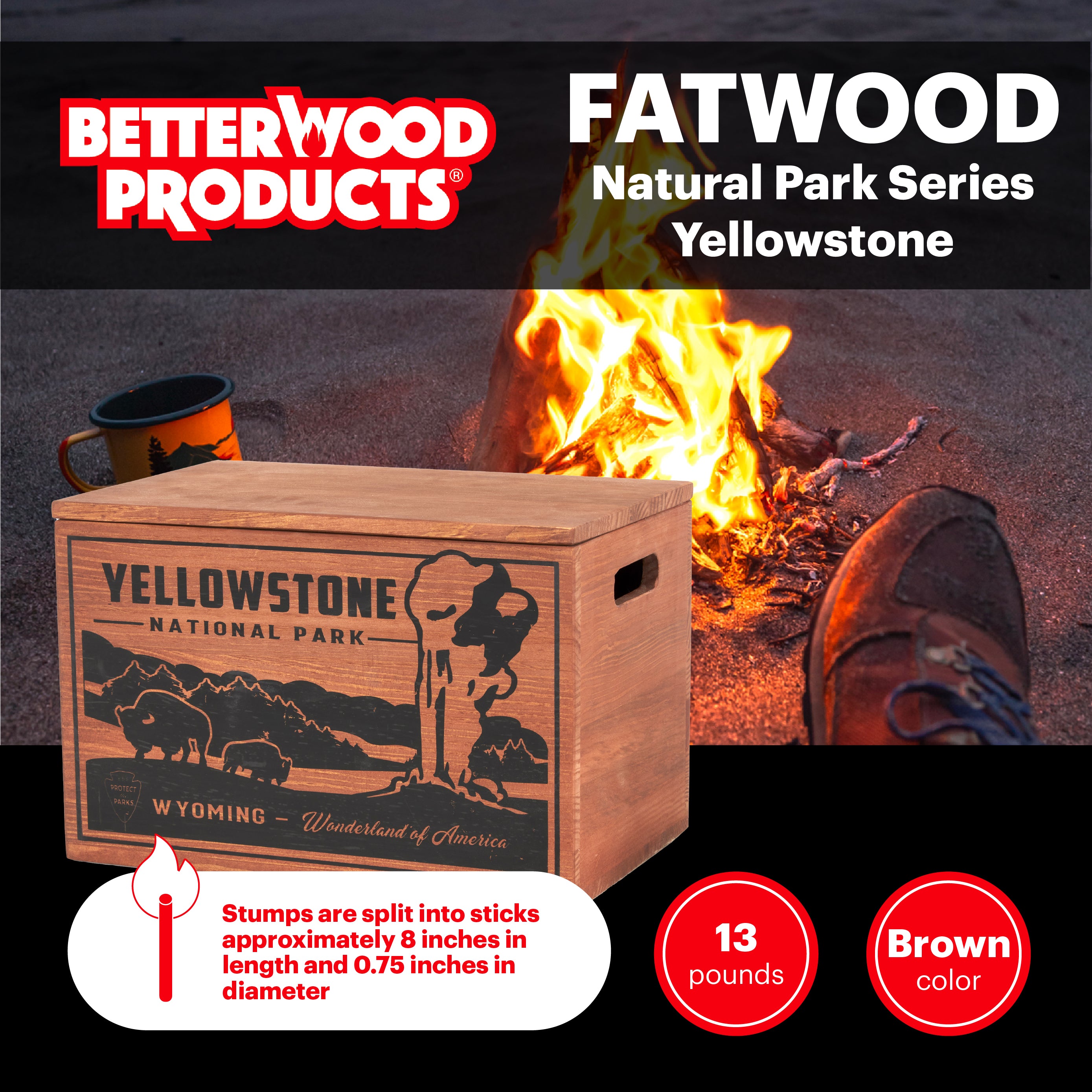 Better Wood Products Protect the Parks Fatwood Firestarter Crate, Yellowstone - VMInnovations