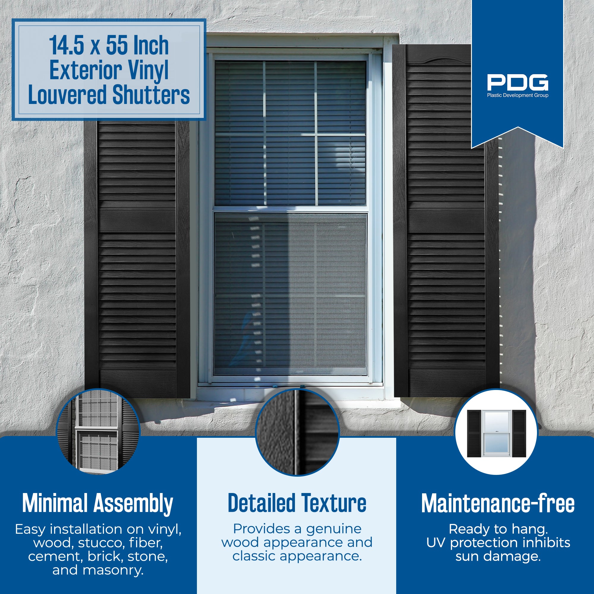 Plastic Development Group 14 x 55 Inch Exterior Vinyl Louvered Shutters, Black - VMInnovations