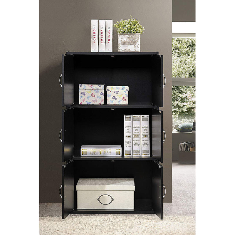 Hodedah HID33 Home 6-Door 3-Shelves Bookcase Enclosed Storage Cabinet, Black