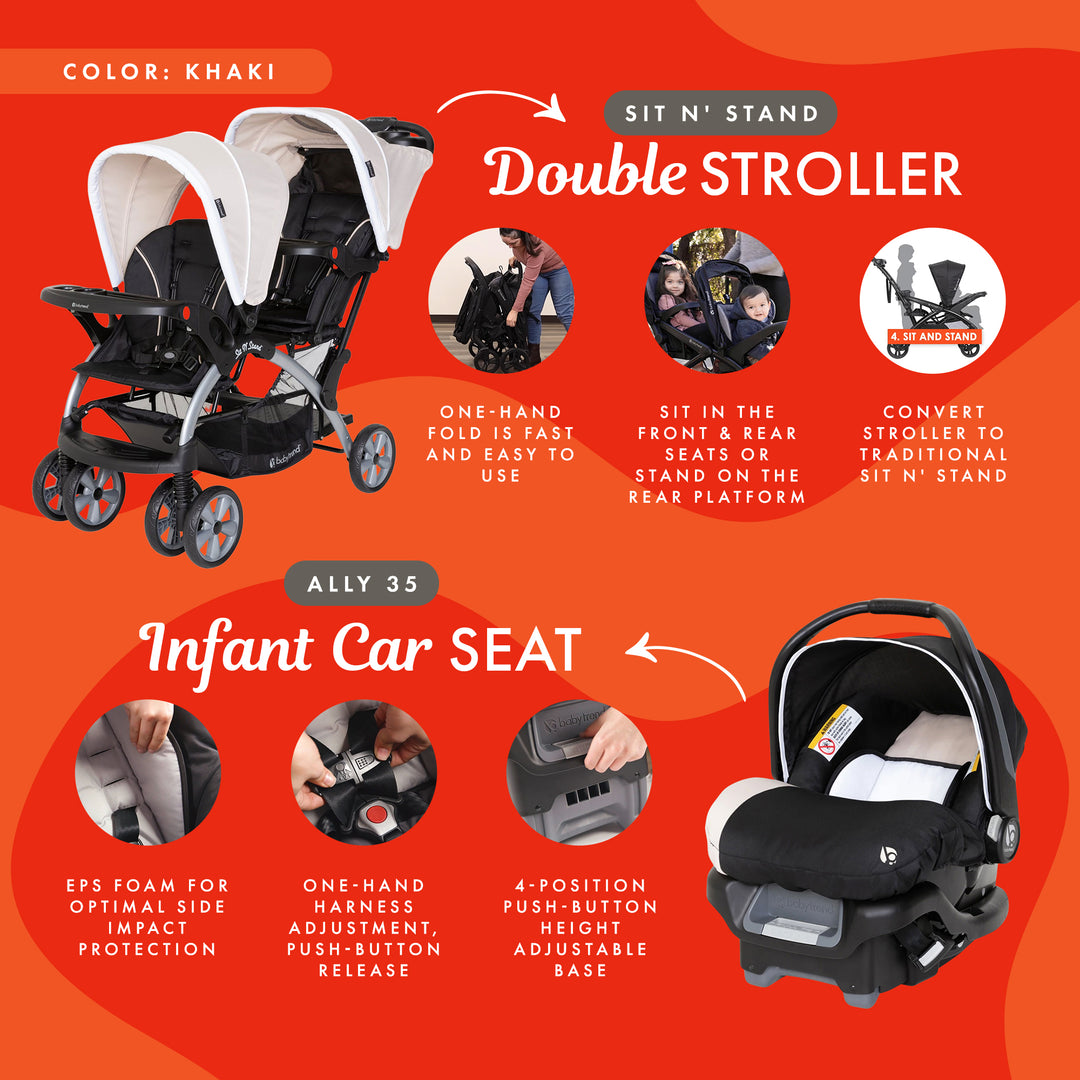 Baby Trend Sit N Stand Travel Double Baby Stroller and Car Seat Combo, Khaki - VMInnovations