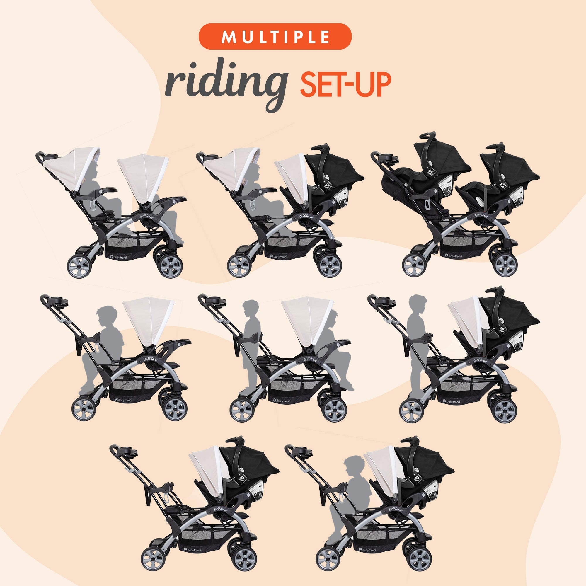 Baby Trend Sit N Stand Baby Double Stroller and 2 Infant Car Seat Combo, Khaki - VMInnovations