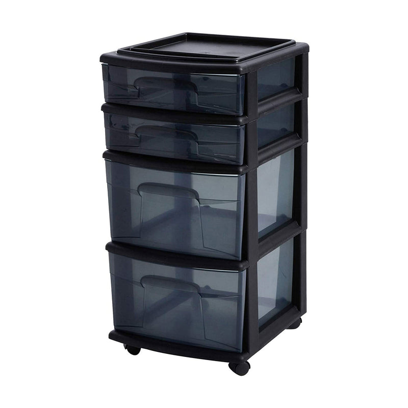 Homz Tall Solid Plastic 4 Drawer Medium Storage Cart with Caster Wheels, Black