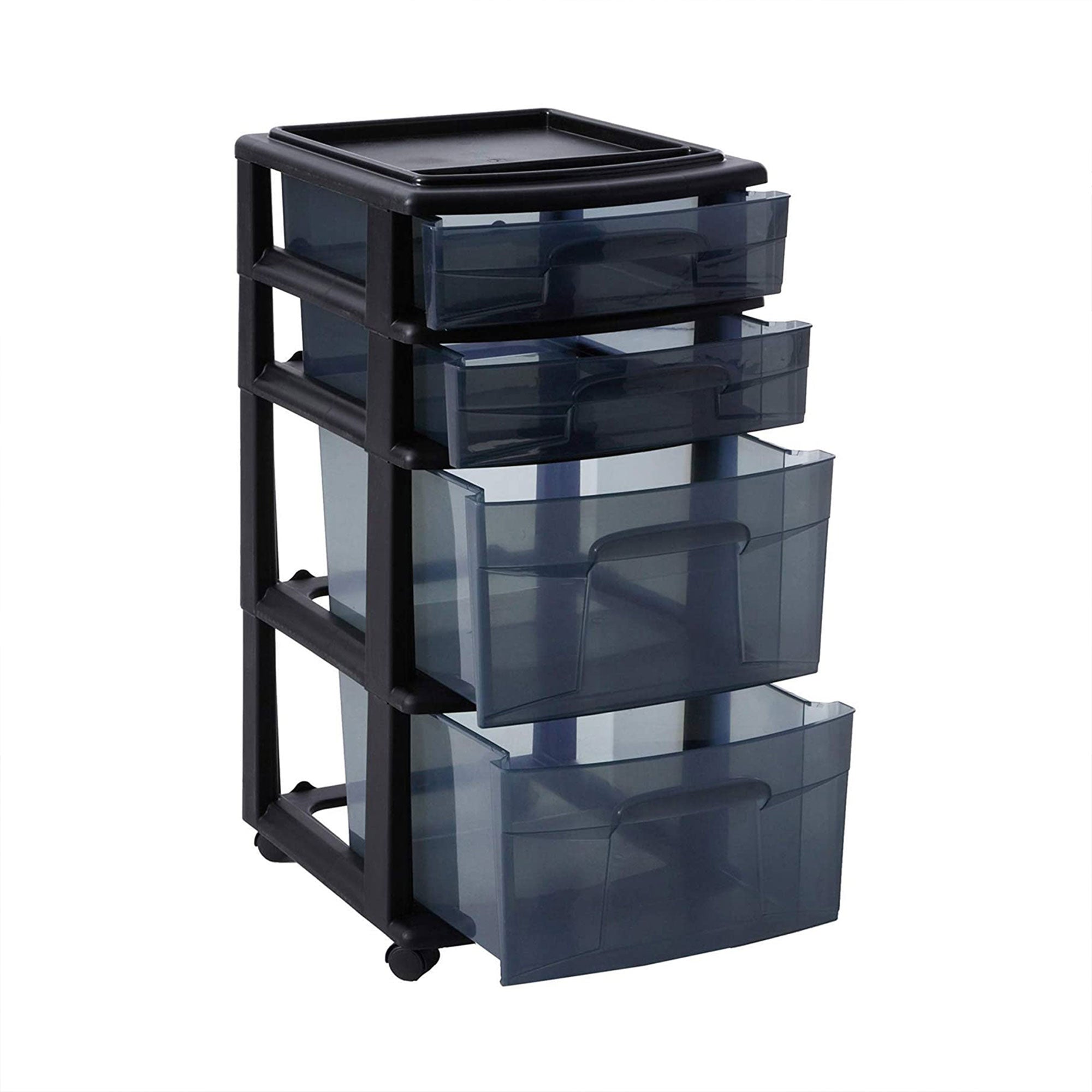 Homz Tall Solid Plastic 4 Drawer Medium Storage Cart with Caster Wheels, Black