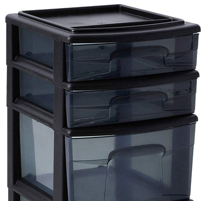 Homz Tall Solid Plastic 4 Drawer Medium Storage Cart with Caster Wheels, Black