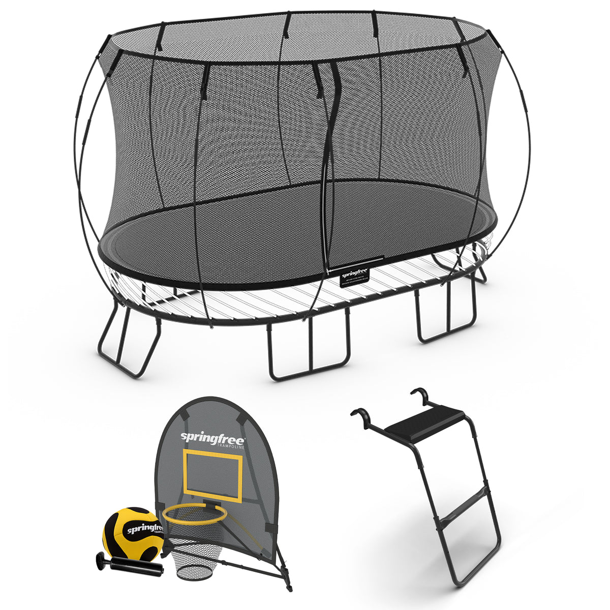 Springfree Outdoor 8 x 13 Ft Trampoline, Enclosure, Hoop Game, and Step Ladder - VMInnovations