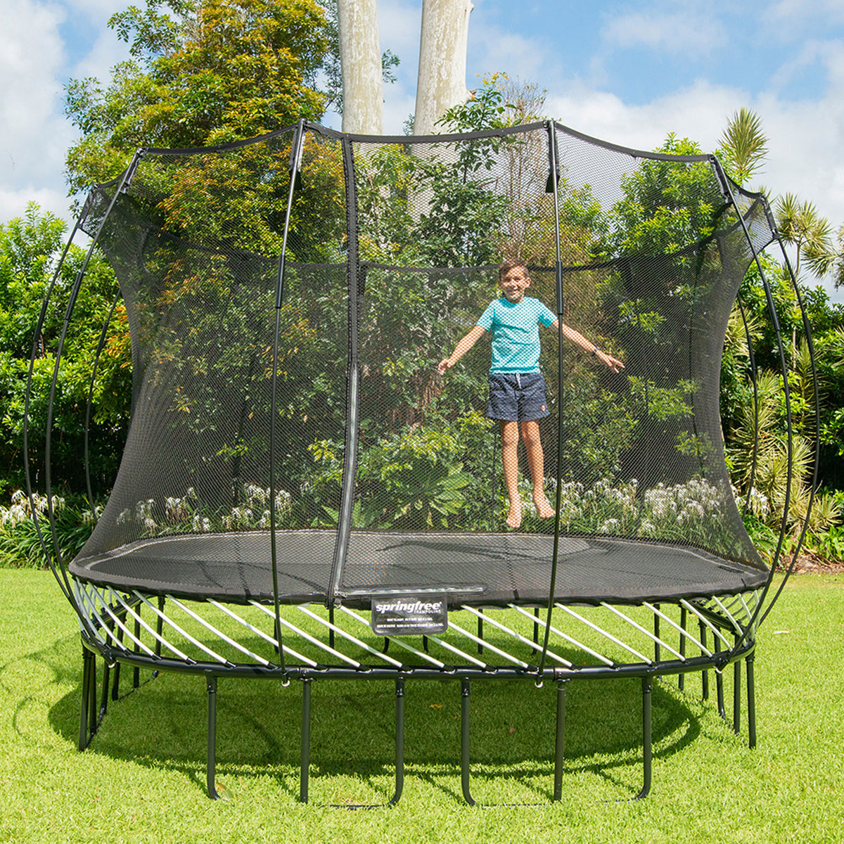 Springfree Outdoor Square 11 Foot Trampoline, Enclosure, Hoop Game, and Ladder - VMInnovations