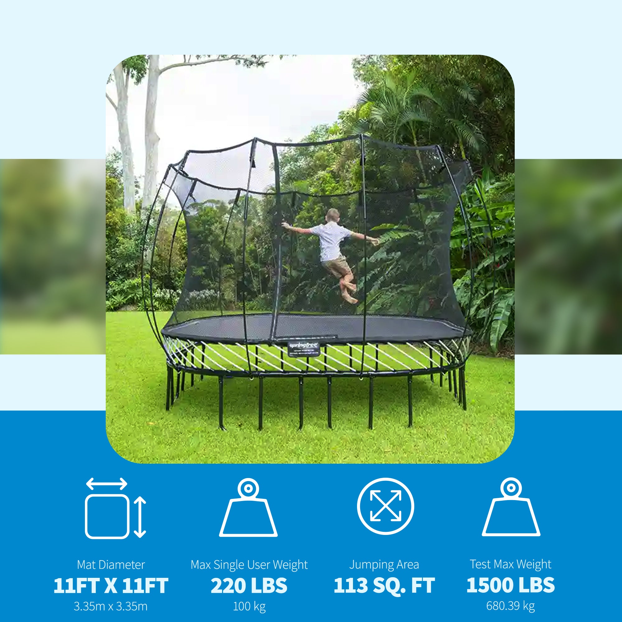 Springfree Outdoor Square 11 Foot Trampoline, Enclosure, Hoop Game, and Ladder - VMInnovations