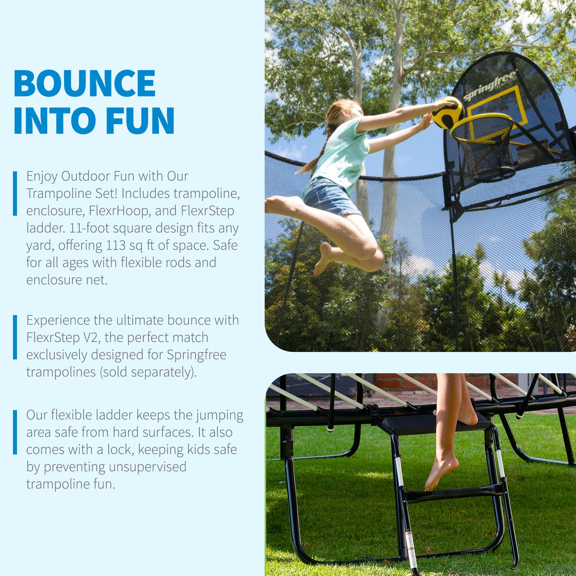 Springfree Outdoor Square 11 Foot Trampoline, Enclosure, Hoop Game, and Ladder