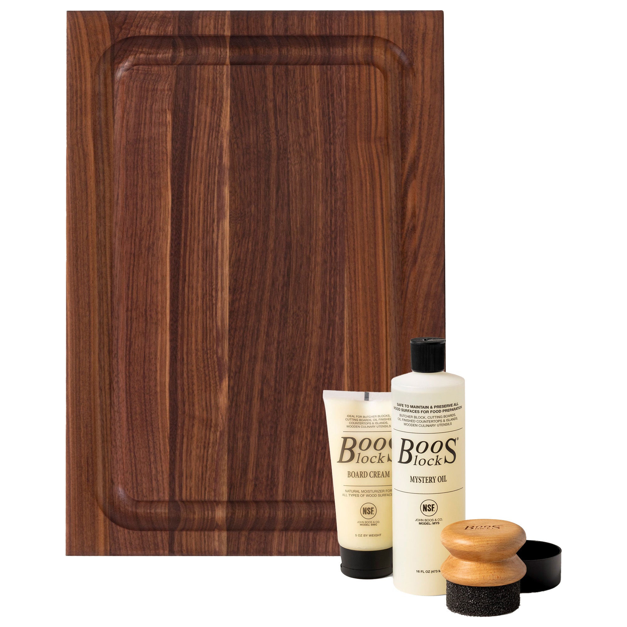 John Boos Walnut 18" x 12" x 1.5" Juice Groove Carving Board & 3 Piece Care Set - VMInnovations