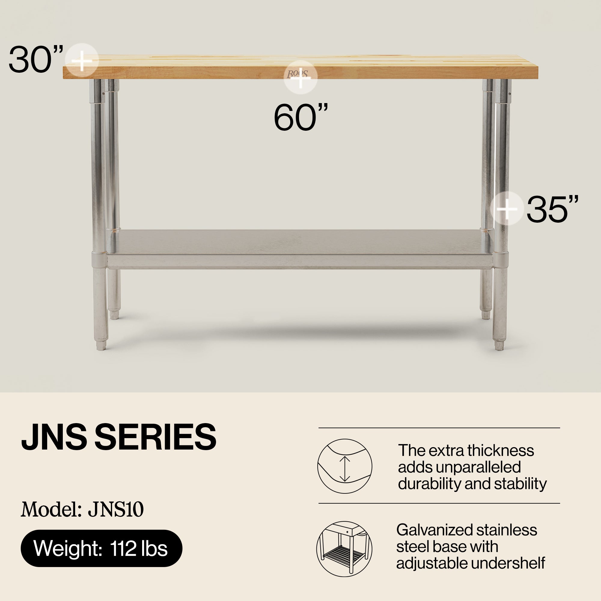 John Boos Maple Wood Top Work Table with Adjustable Lower Shelf, 60 x 30 x 1.5" - VMInnovations