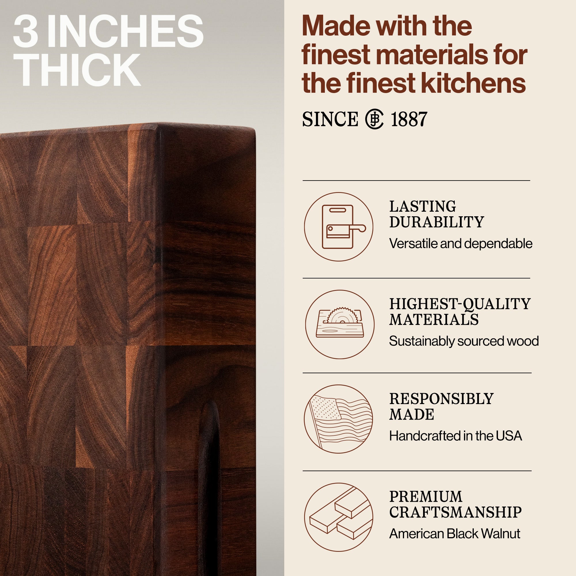 John Boos Large Walnut Wood End Grain Cutting Board for Kitchen, 18" x 18" x 3"