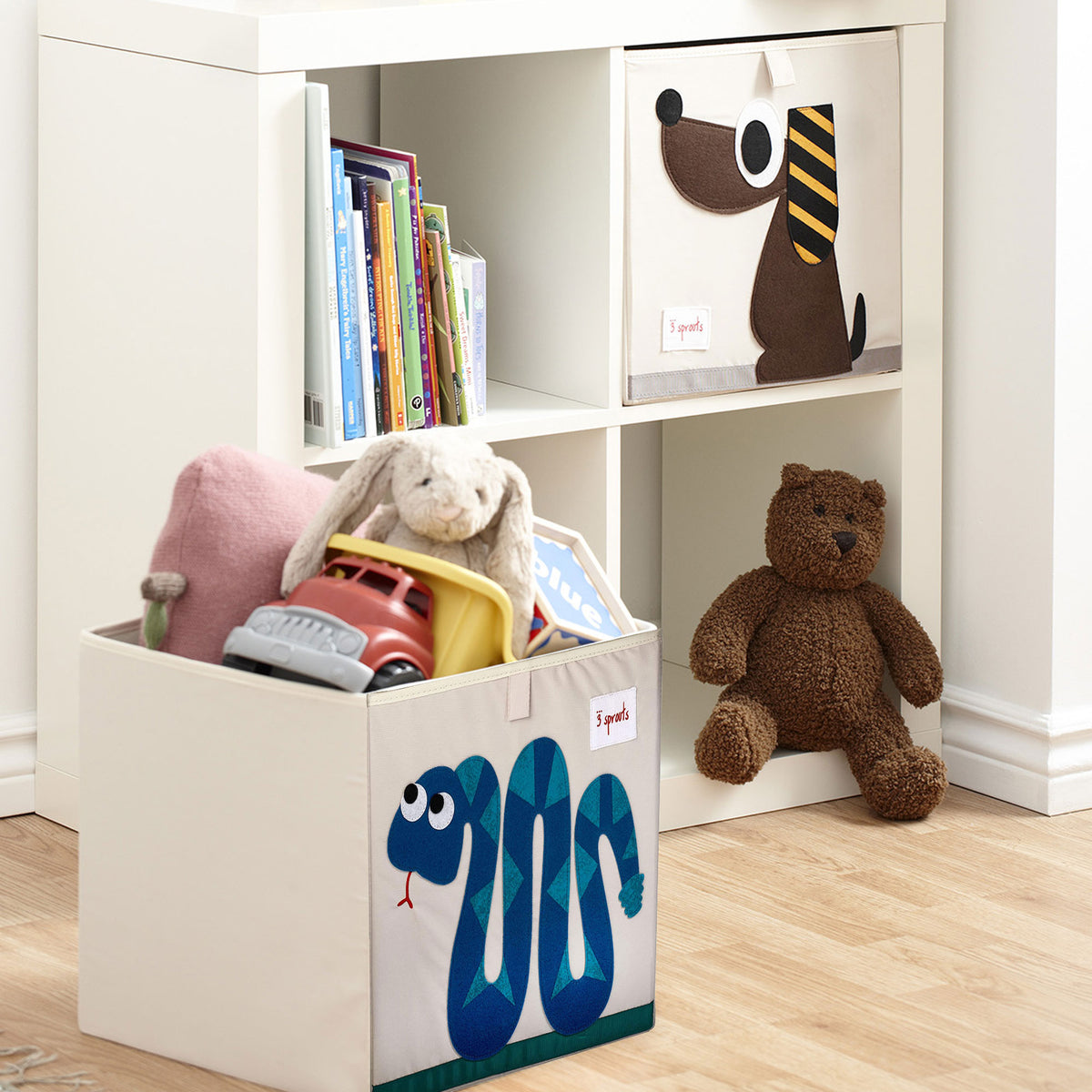 3 Sprouts Kid's Fabric Storage Cube Box Toy Bin, Brown Dog & Blue Snake (2 Pack)