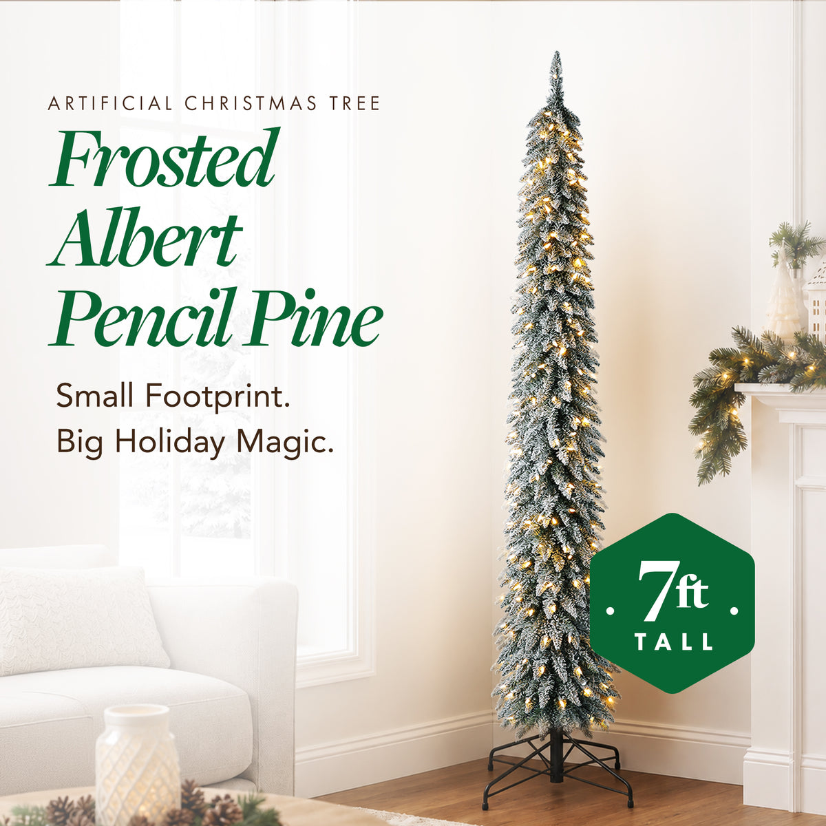 Home Heritage Albert 7' Flocked Pencil 200 LED Pre-Lit Artificial Christmas Tree