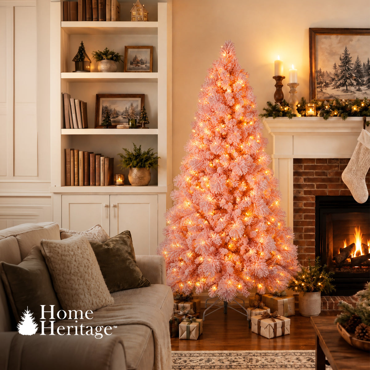 Home Heritage 6.5 Foot Pink Flocked Christmas Tree with White LED Lights (Used)