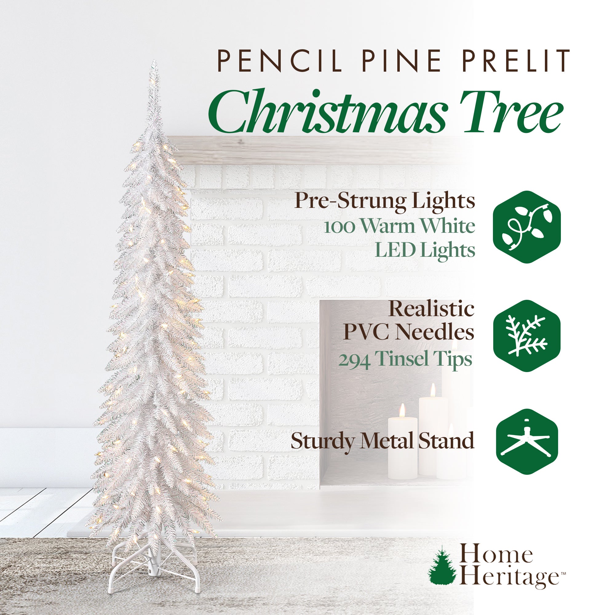 Home Heritage 5' Pencil Tinsel Artificial Prelit Tree & Stand, White (Used) - VMInnovations