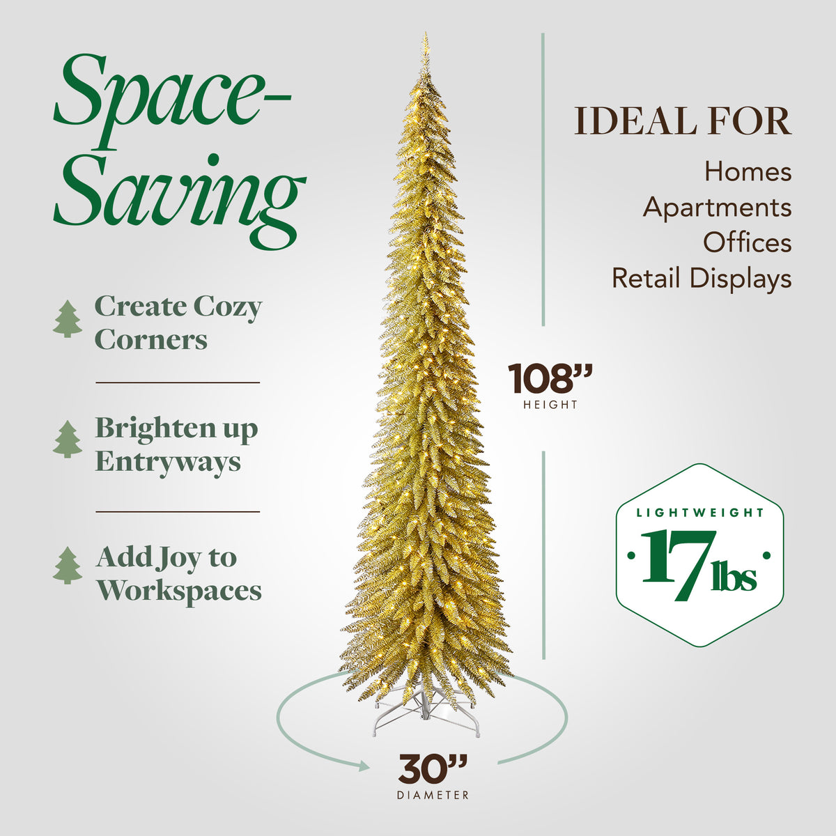 Home Heritage Tinsel 9' Pencil 250 LED Pre-Lit Artificial Christmas Tree, Gold