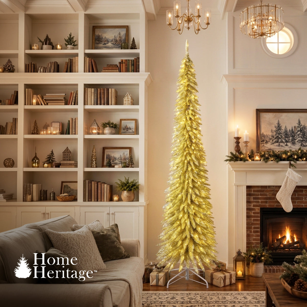 Home Heritage Tinsel 9' Pencil 250 LED Pre-Lit Artificial Christmas Tree, Gold