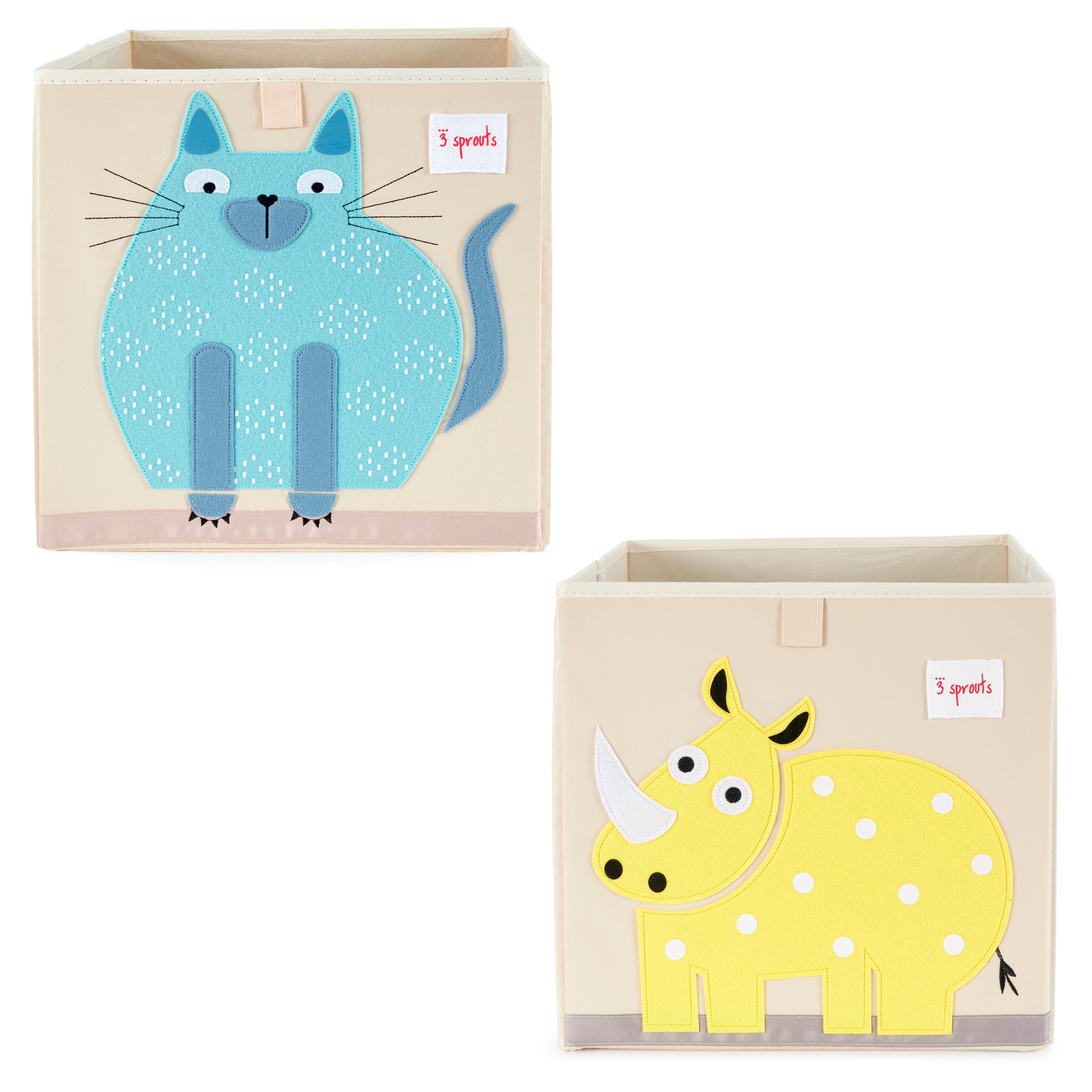 3 Sprouts Children's Fabric Storage Cube Bundle with Blue Cat and Yellow Rhino