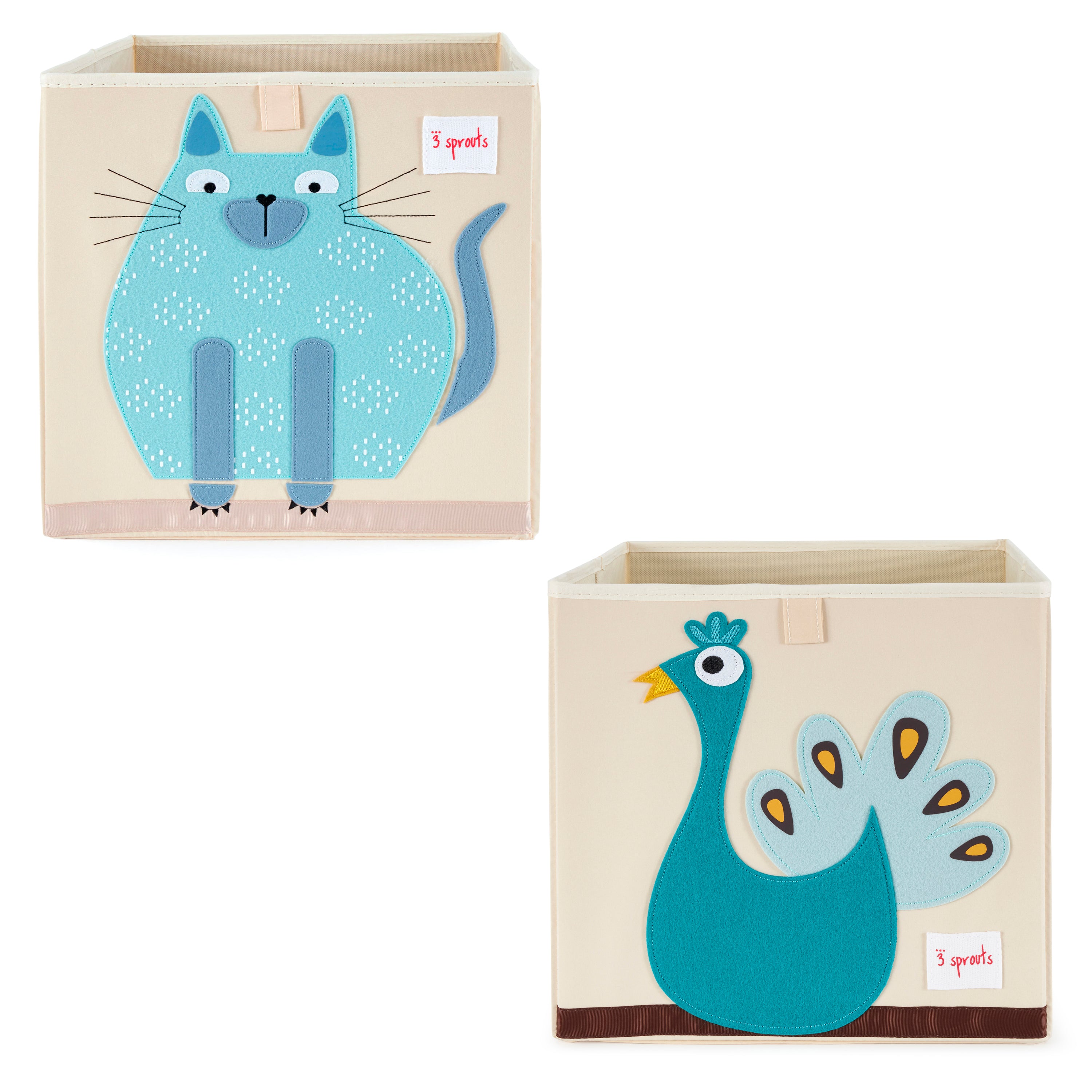 3 Sprouts Children's Fabric Storage Cube Bundle with Blue Cat and Blue Peacock - VMInnovations