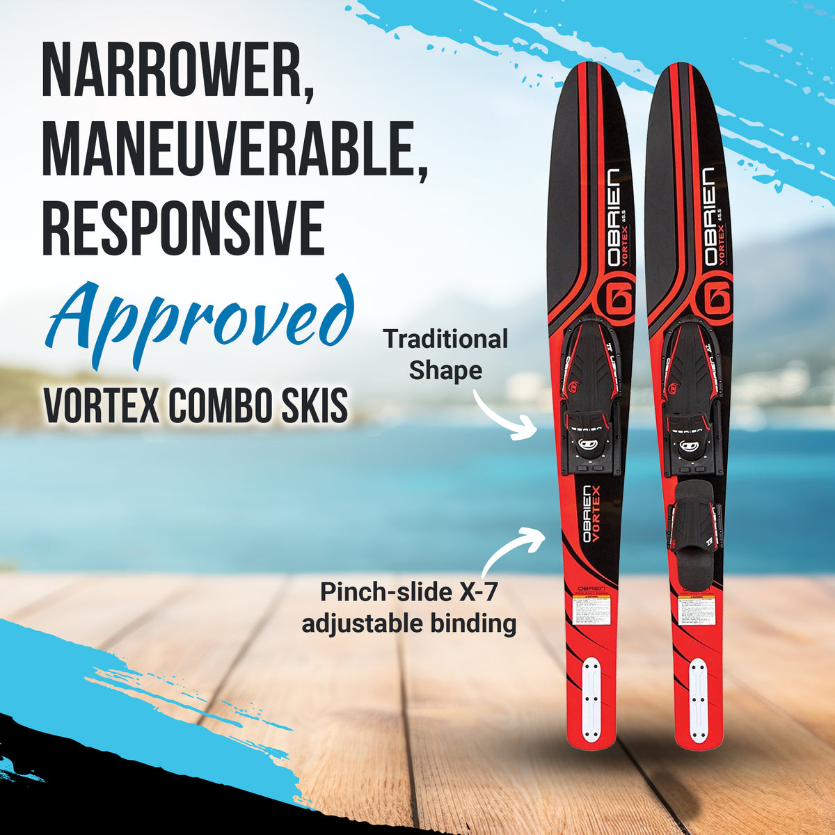 OBrien Vortex Combo 65.5" Adult Mens Size 4.5-13 Wide Body Water Skis (Open Box)