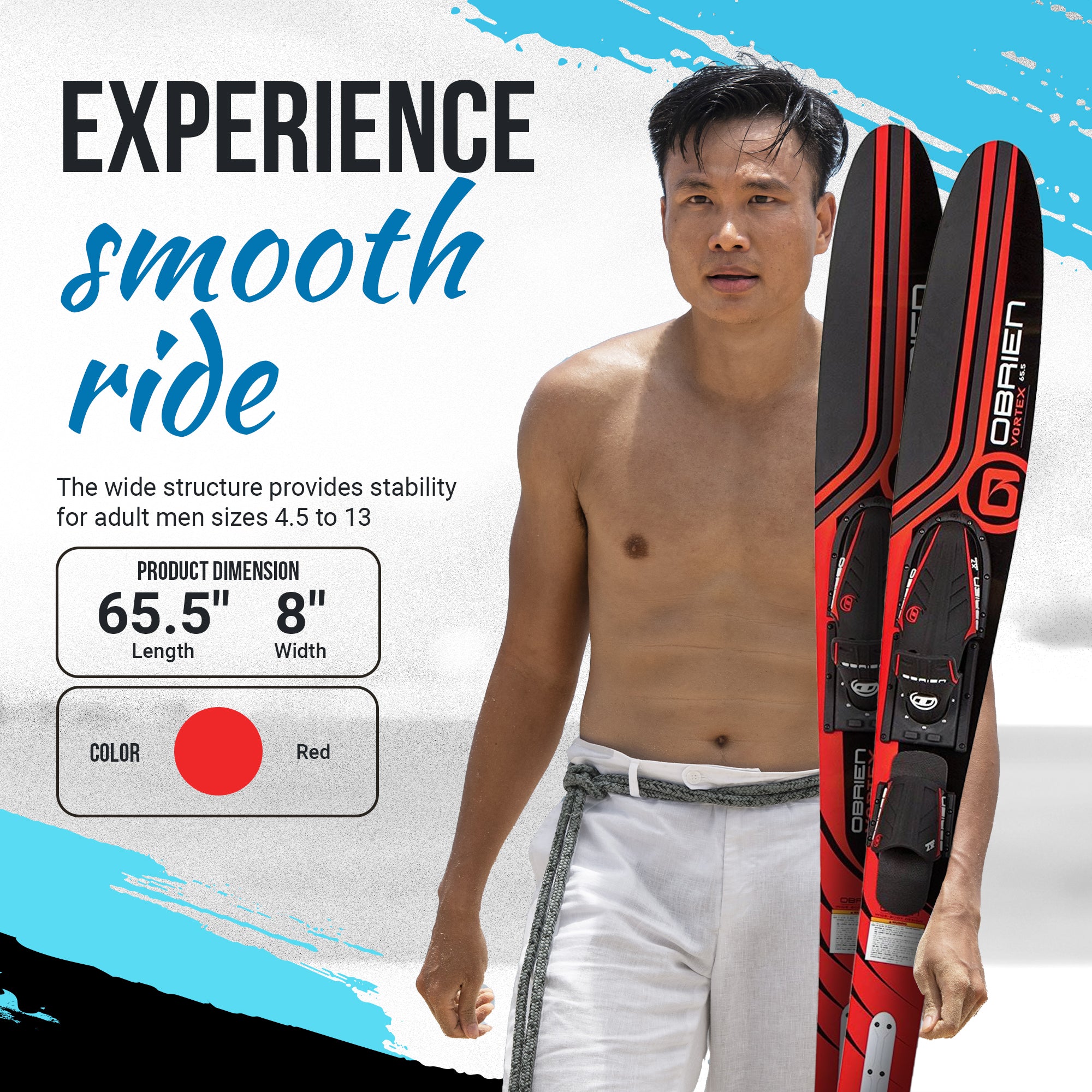 OBrien Vortex Combo 65.5" Adult Mens Size 4.5-13 Wide Body Water Skis (Open Box) - VMInnovations