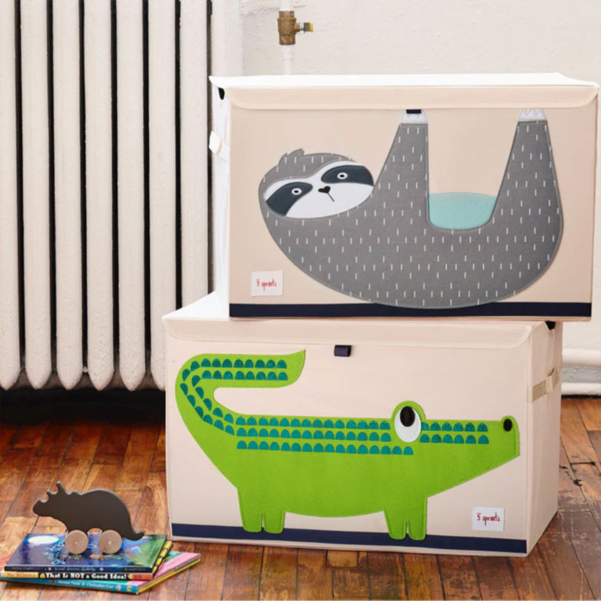 3 Sprouts Nursery Fabric Storage Trunk Toy Chest Box, Sloth & Hippo (2 Pack)