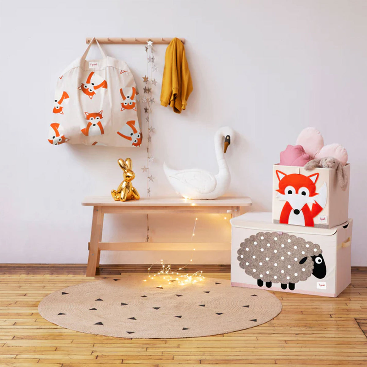 3 Sprouts Kids Foldable Fabric Storage Cube Bin Box, Orange Fox & Bear (2 Pack)