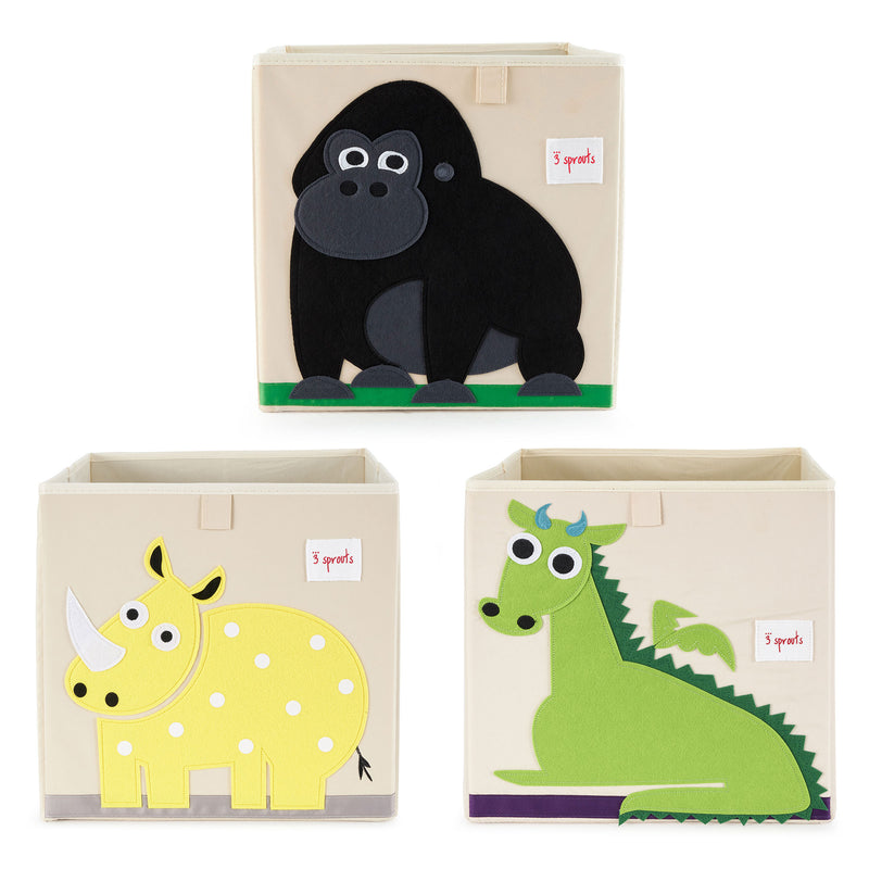 3 Sprouts Kids Felt Storage Cube Toy Bin w/ Dragon, Gorilla & Rhino Cube Toy Bins