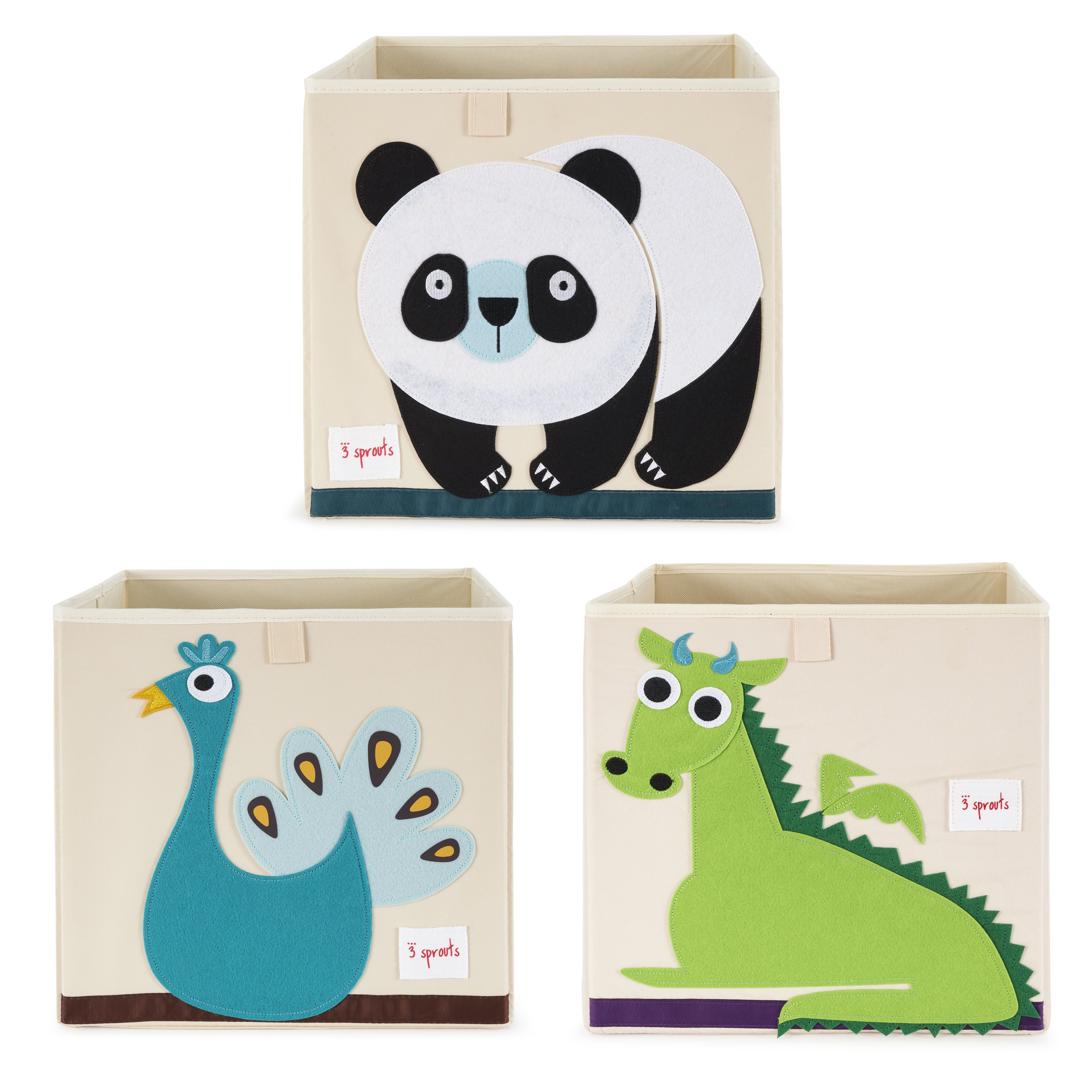 3 Sprouts Kids Dragon Felt Storage Cube Toy Bin w/ Panda & Peacock Cube Toy Bins - VMInnovations