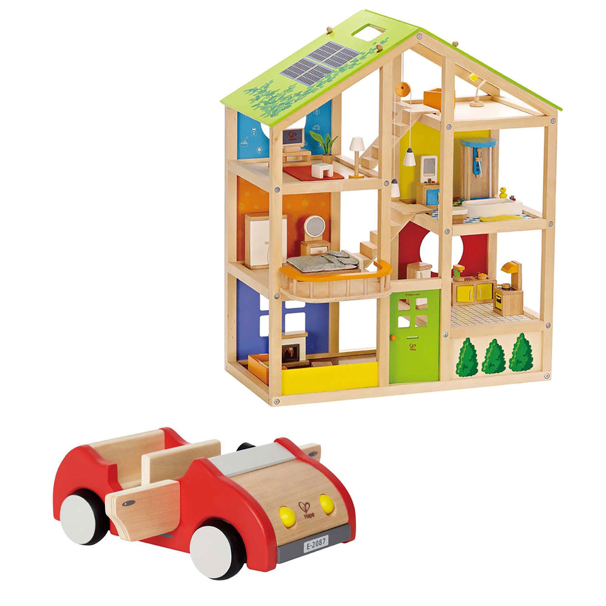Hape All Season Kids 6 Room Dollhouse Bundle with Wooden Family Play Toy Car