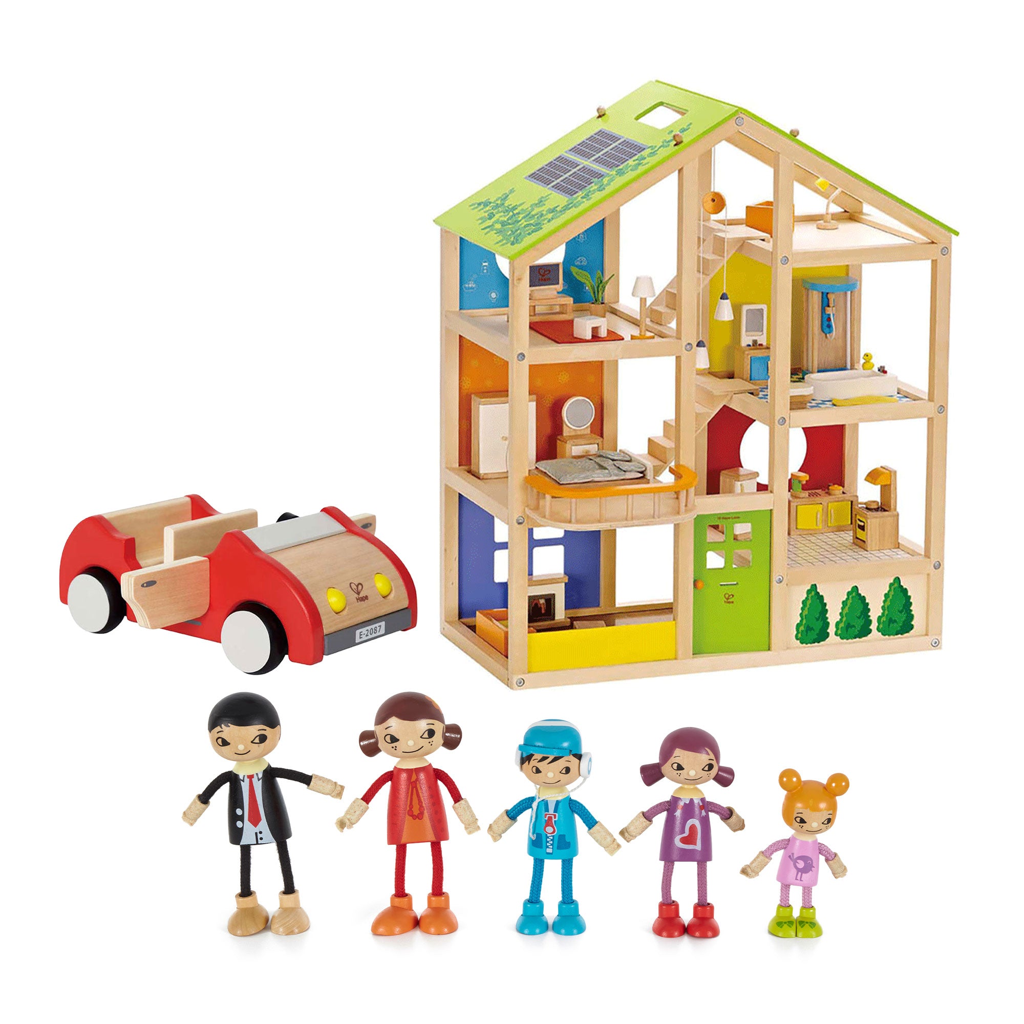Hape Kids Dollhouse Bundle with Family of 5 Wooden Bendable Dolls and Toy Car