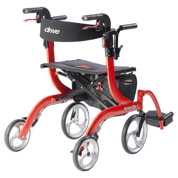 Drive Medical Nitro Duet Rollator Walker and Transport Wheelchair Chair, Red - VMInnovations