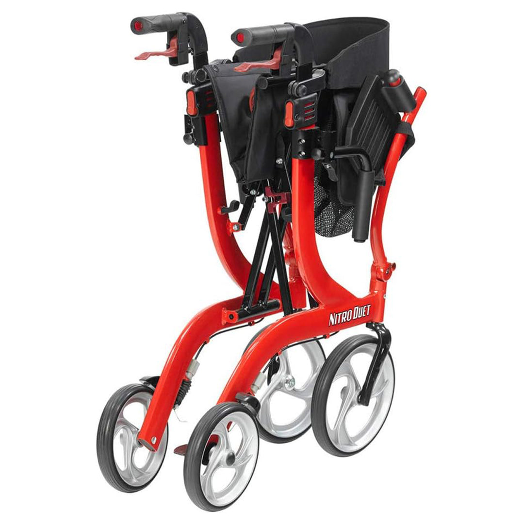 Drive Medical Nitro Duet Rollator Walker and Transport Wheelchair Chair, Red - VMInnovations