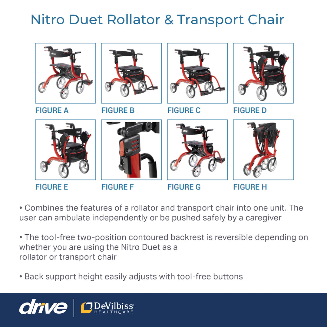 Drive Medical Nitro Duet Rollator Walker and Transport Wheelchair Chair, Red - VMInnovations