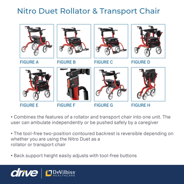 Drive Medical Nitro Duet Rollator Walker and Transport Wheelchair Chair, Red - VMInnovations