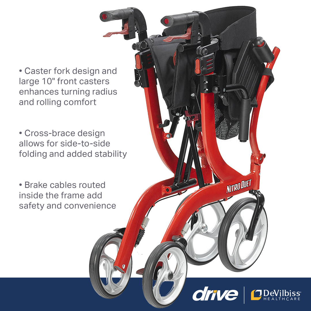 Drive Medical Nitro Duet Rollator Walker and Transport Wheelchair Chair, Red - VMInnovations