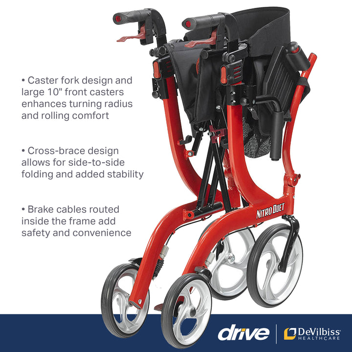 Drive Medical Nitro Duet Rollator Walker and Transport Wheelchair Chair, Red - VMInnovations