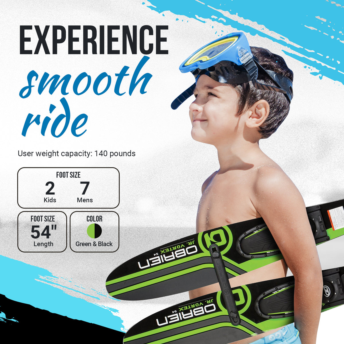 OBrien 54" Jr. Vortex Combo Water Skis with X7 Bindings for Kids 2-Mens 7, Green - VMInnovations