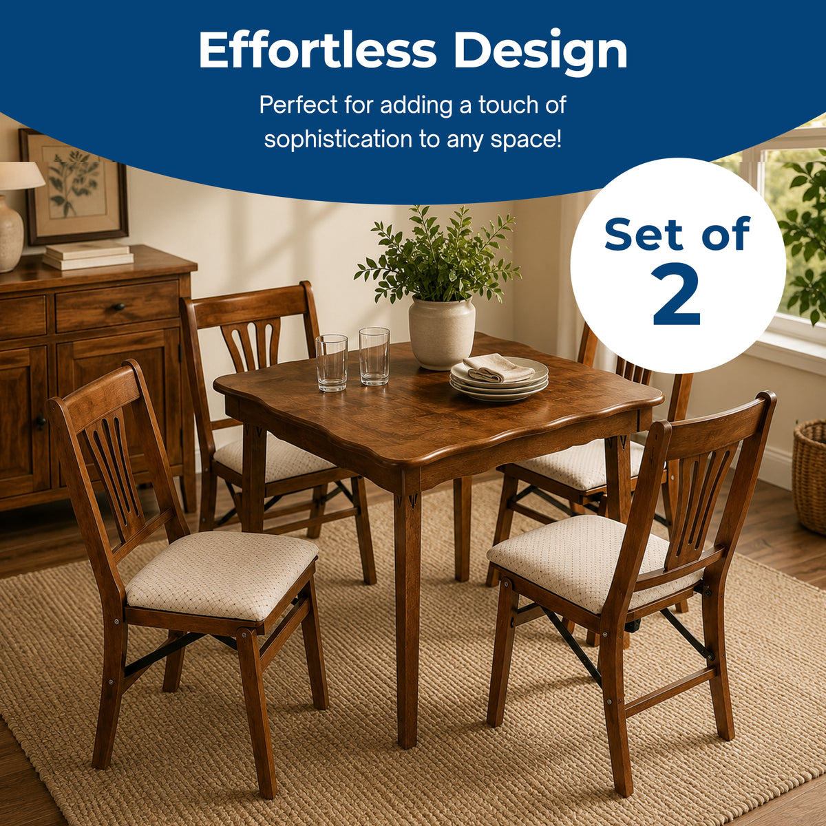 MECO Stakmore Urn Wood Upholstered Seat Folding Chair Set, Fruitwood (2 Pack) (Refurbished)
