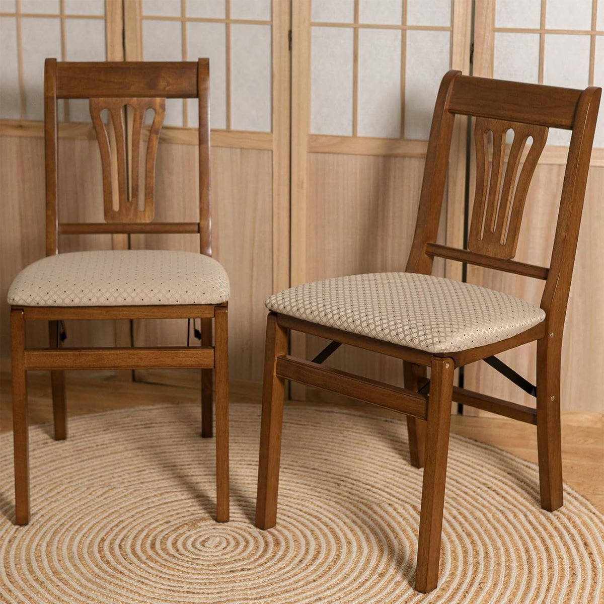 MECO Stakmore Urn Wood Upholstered Seat Folding Chair Set, Fruitwood (2 Pack) + MECO Stakmore Classic Straight Edge Wood Folding Card Table, Fruitwood Frame
