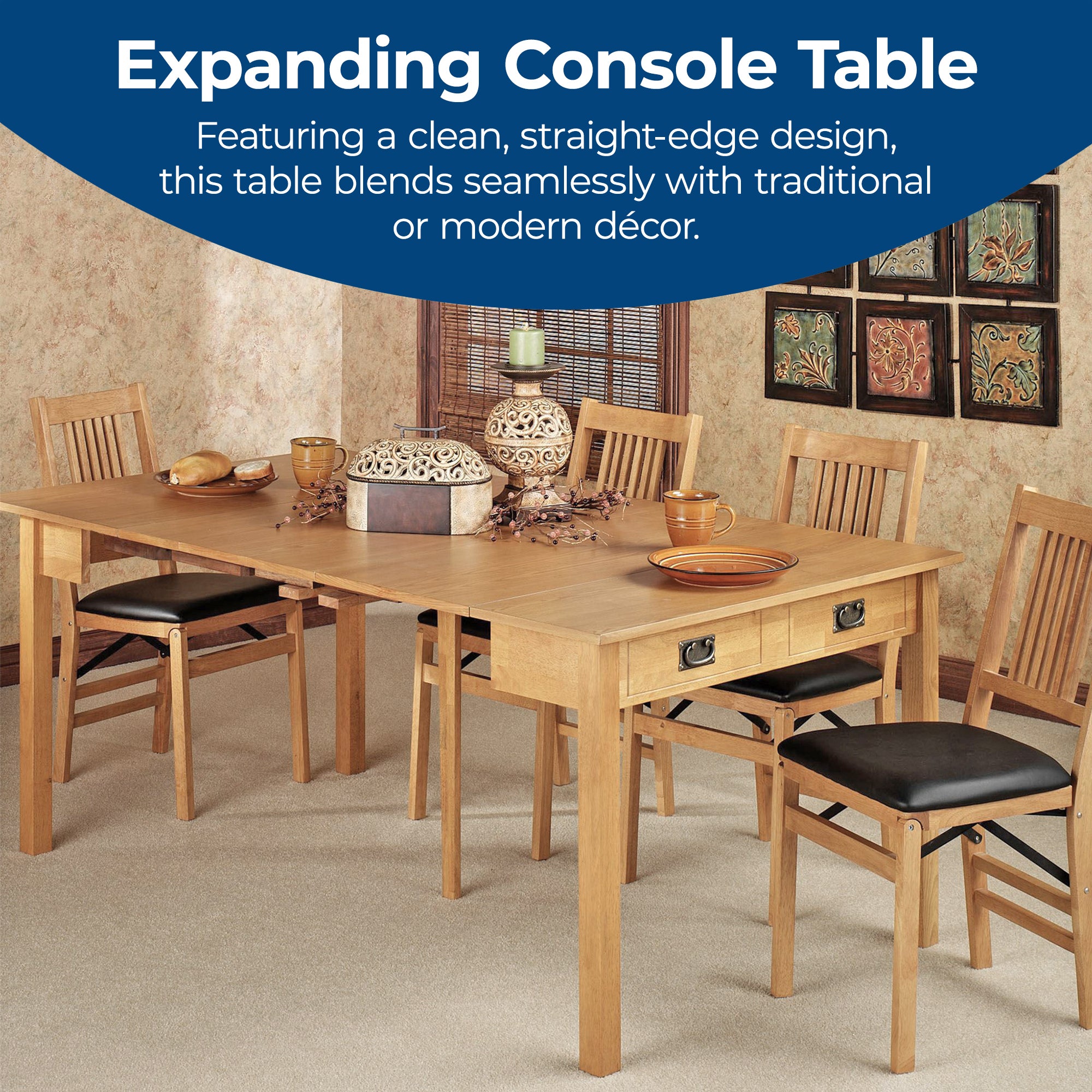 MECO Stakmore Solid Wood Expanding Dining Table Console, Oak Frame (Used) - VMInnovations