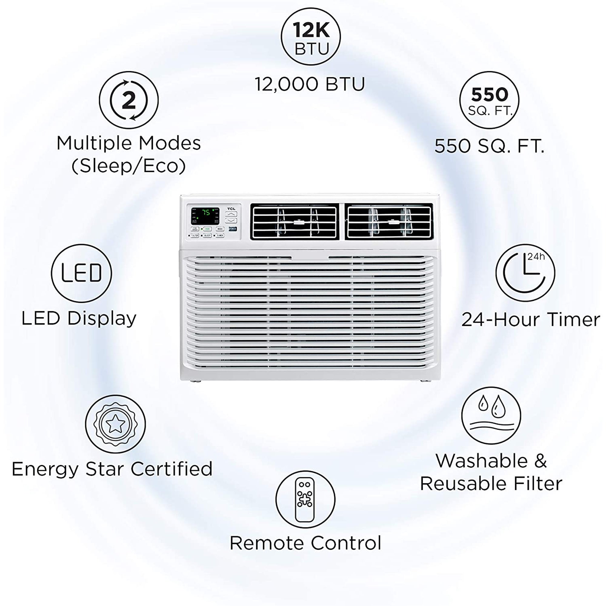 TCL 12W3E1-A 12,000 BTU 3 Fan Speed 8 Directional Cooling Window Air Conditioner