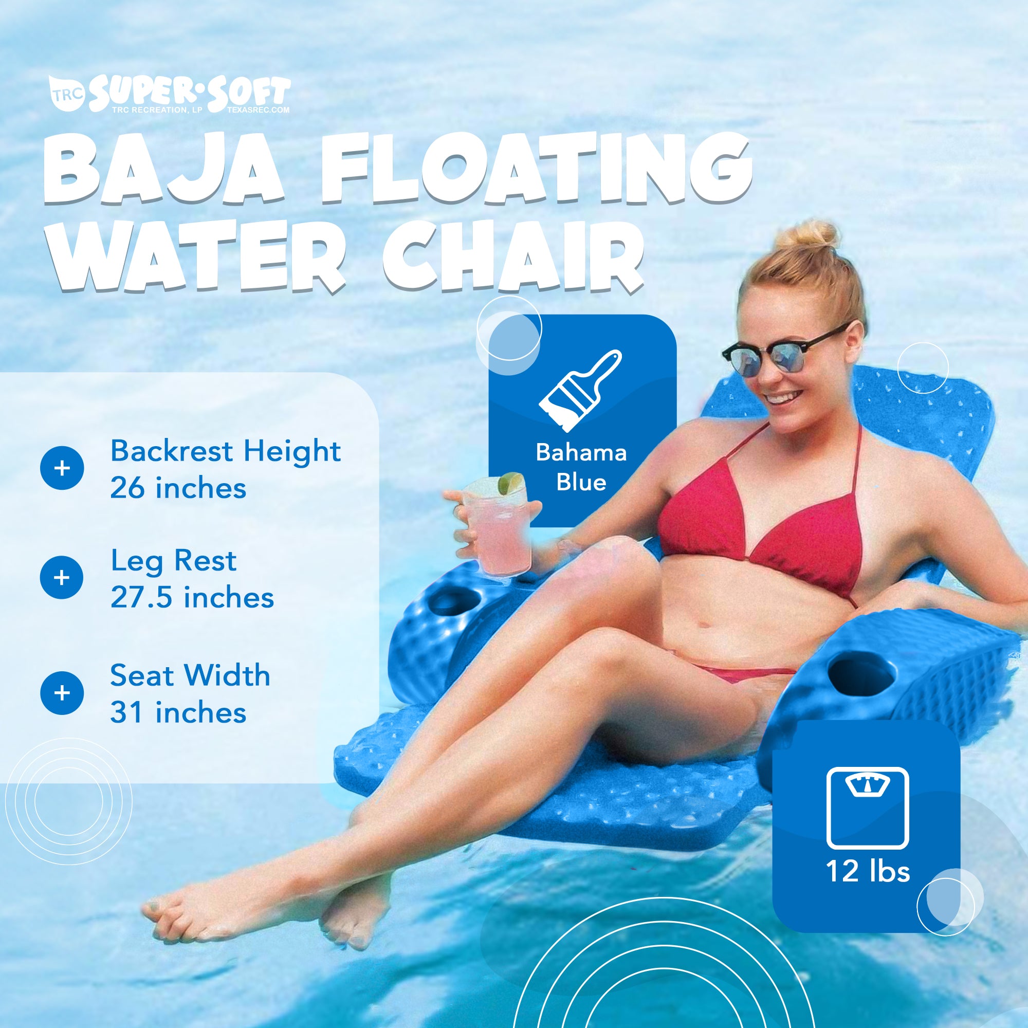 Folding Baja Float Swimming Pool Water Lounger Chair, Bahama Blue (Open Box) - VMInnovations