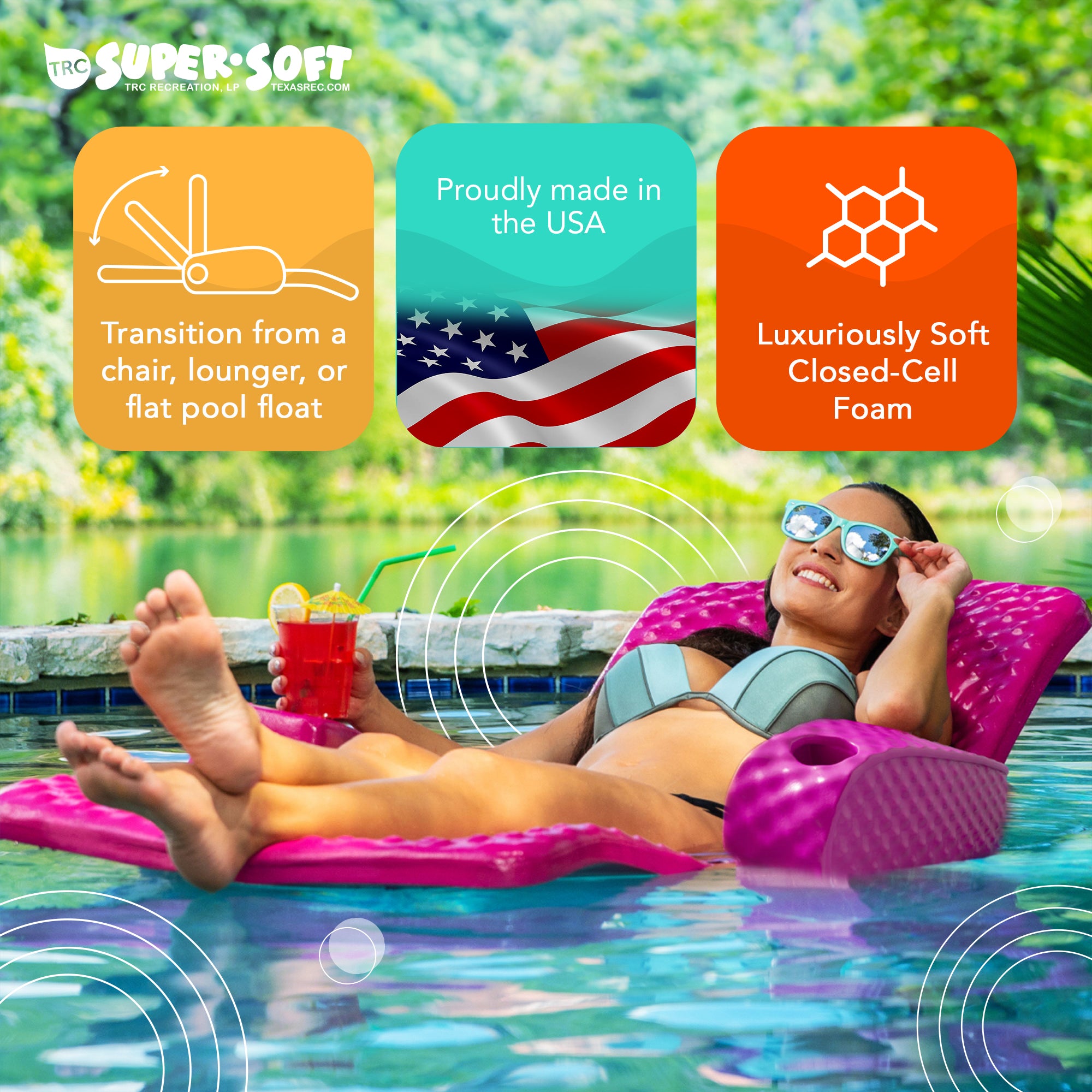 TRC Super Soft Adjustable Pool Lounger Recliner Float, Marina Blue (Open Box) - VMInnovations