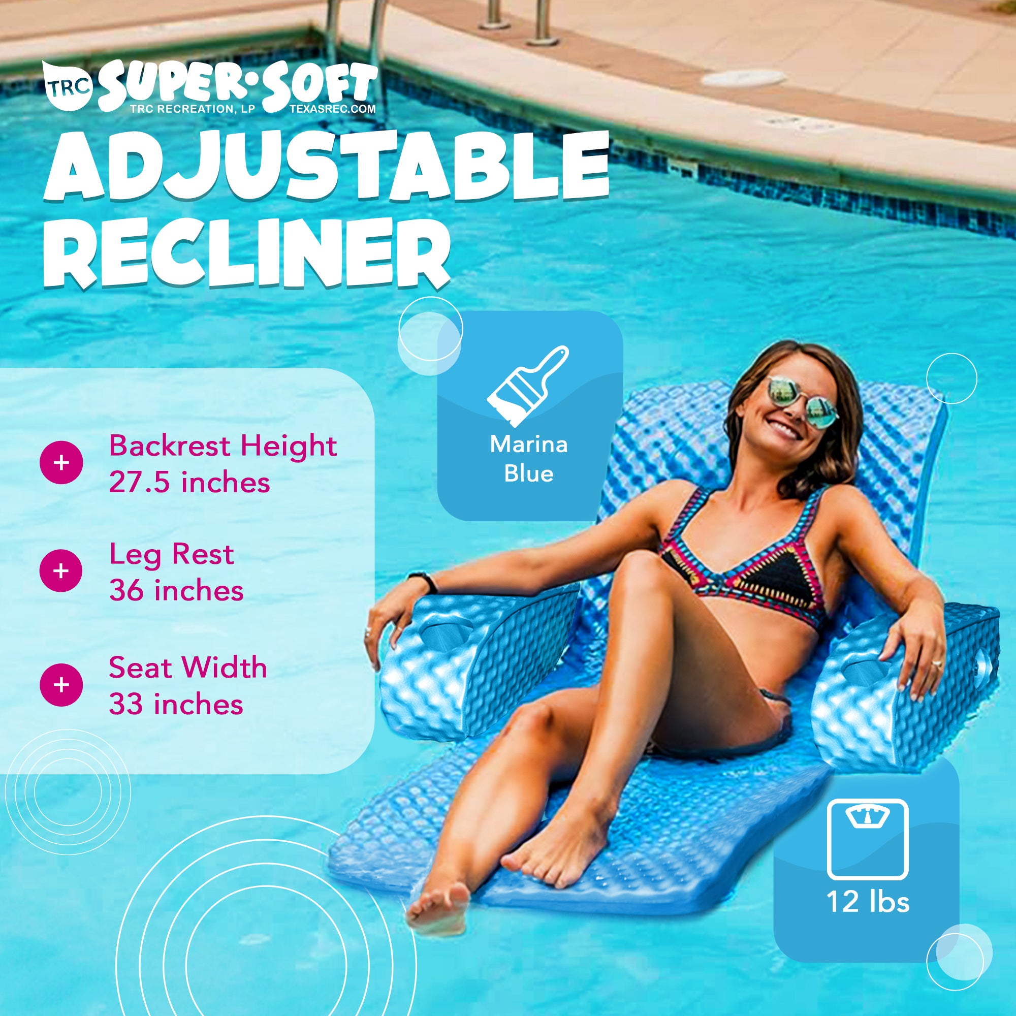 TRC Recreation Super Soft Adjustable Pool Recliner Float, Marina Blue (Open Box)