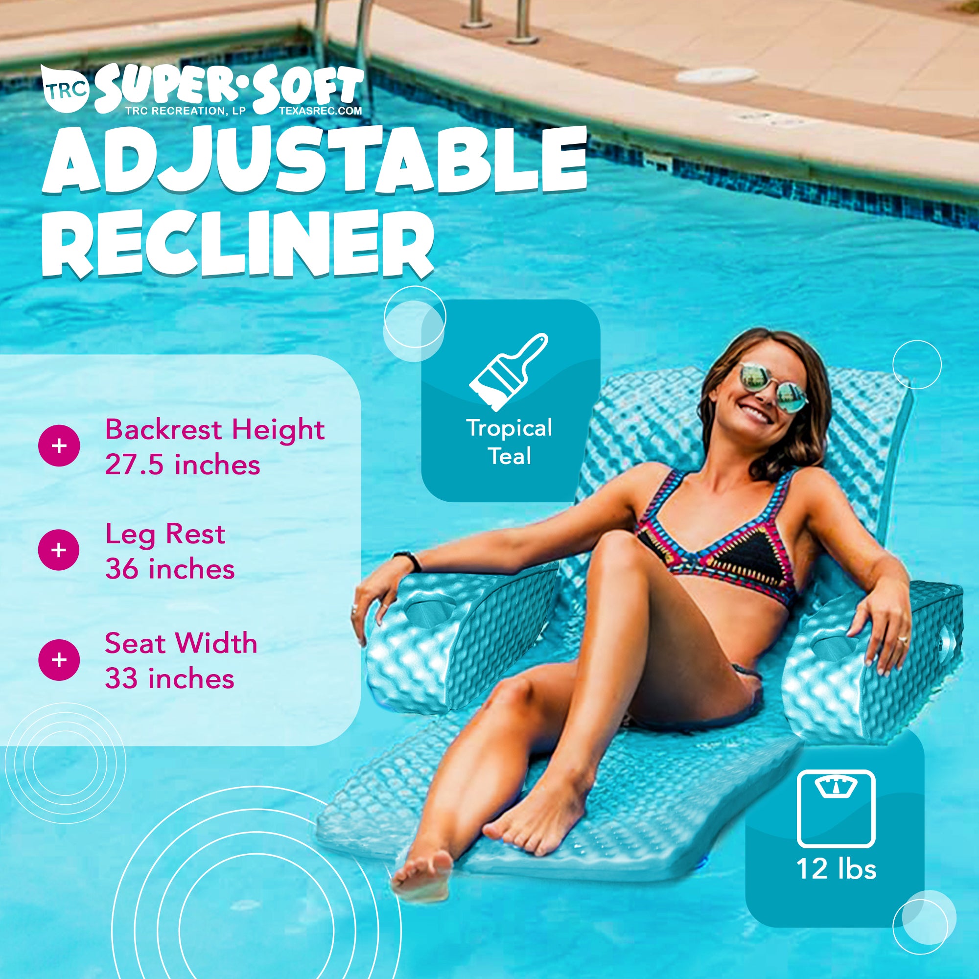 TRC Super Soft Adjustable Pool Lounger Recliner Float, Tropical Teal (Open Box) - VMInnovations